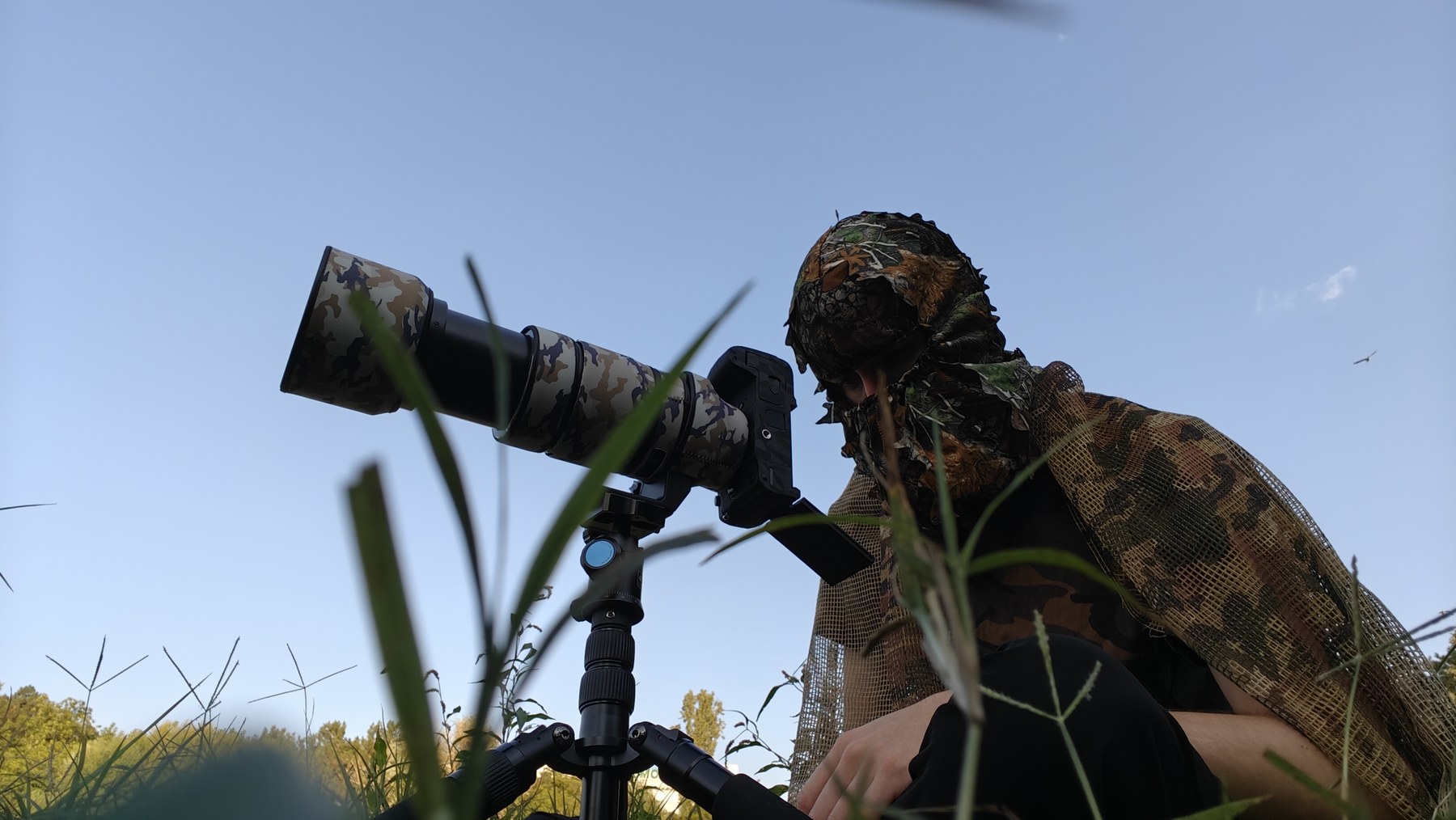 Nick photographing wildlife while covered by camouflage netting